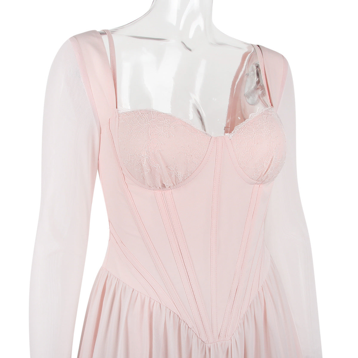 Women's Clothing New Mesh Long Sleeve Lace Stitching Fishbone French Dress